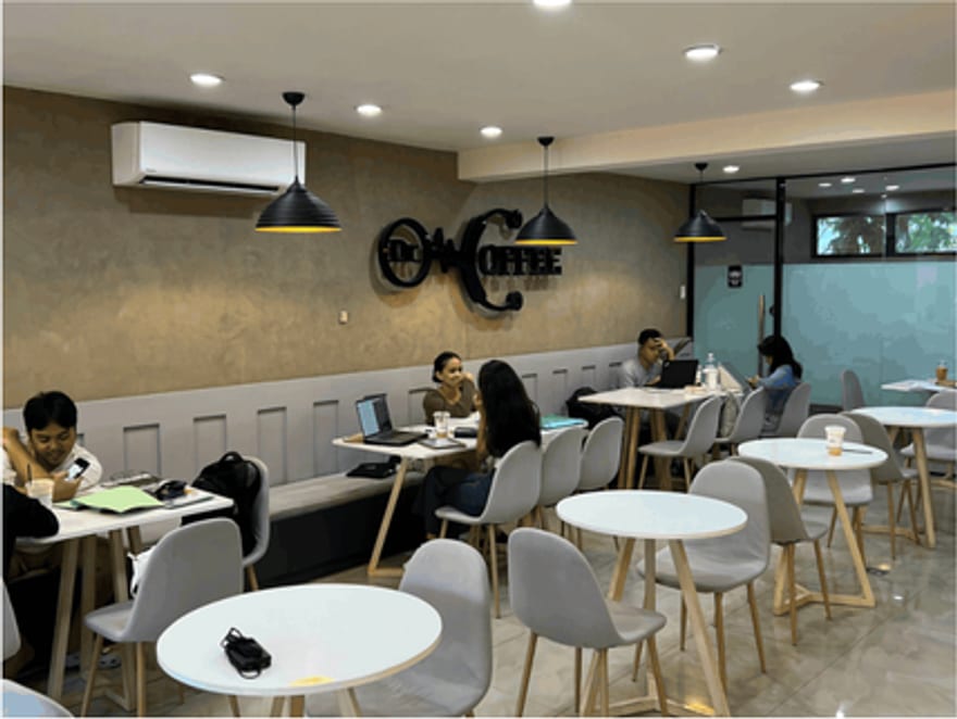 Students working at tables in the Dr. Coffee dining area